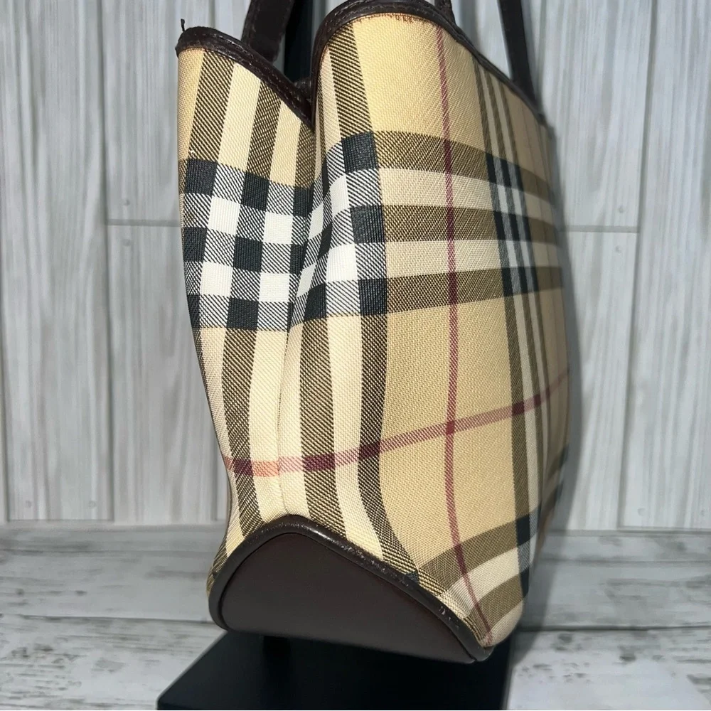 Burberry Vintage Nova Check Tote Bag Brown Leather Trim Plaid Shoulder Handbag